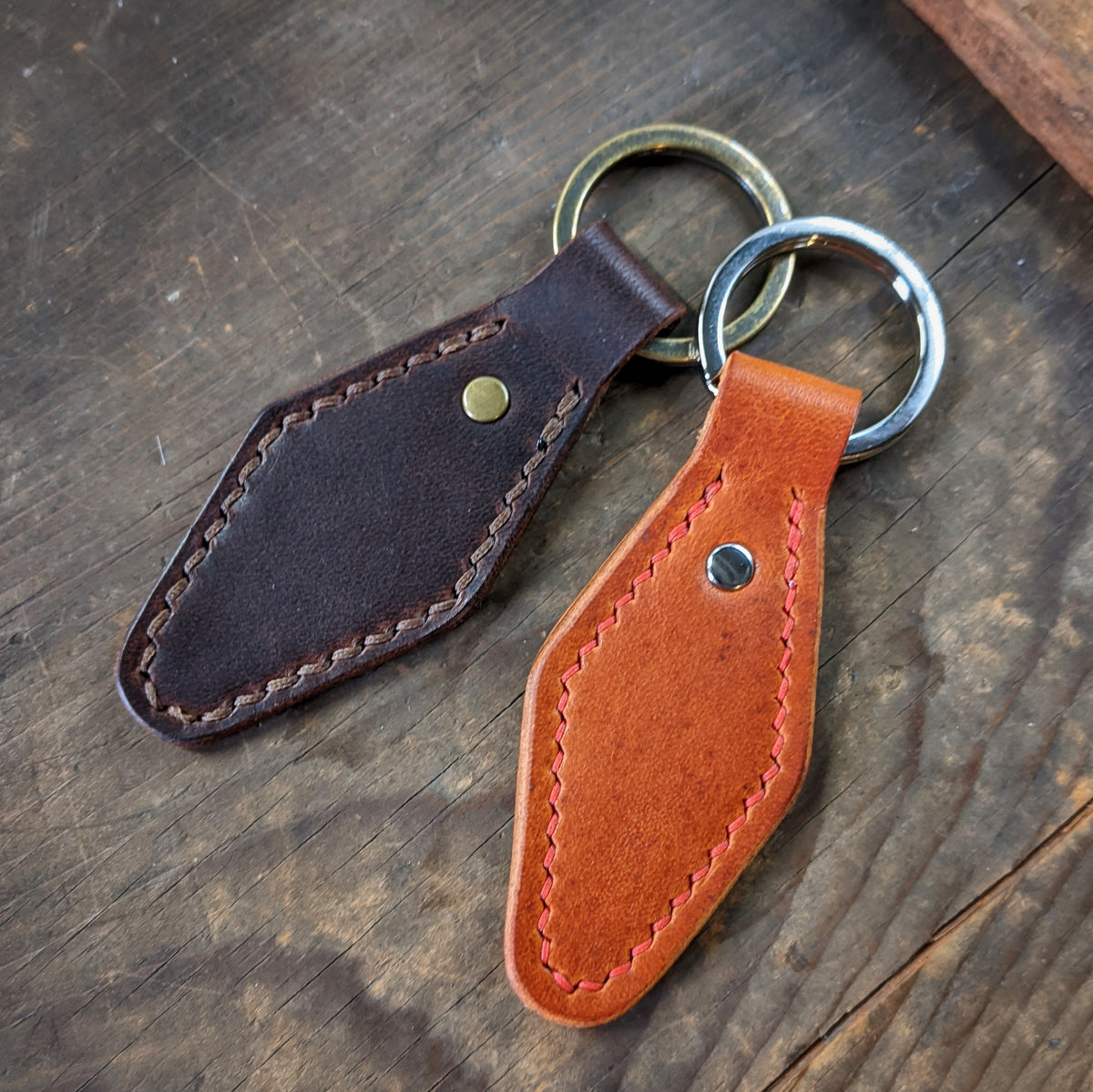 Engraved Leather Key Fob, Stitched, Brass Hardware