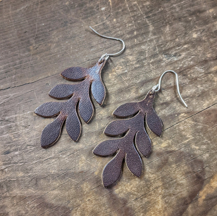 Leather Fern Leaf Earrings - Dangling Drop Leaf Plant Design - Caliber Leather Company