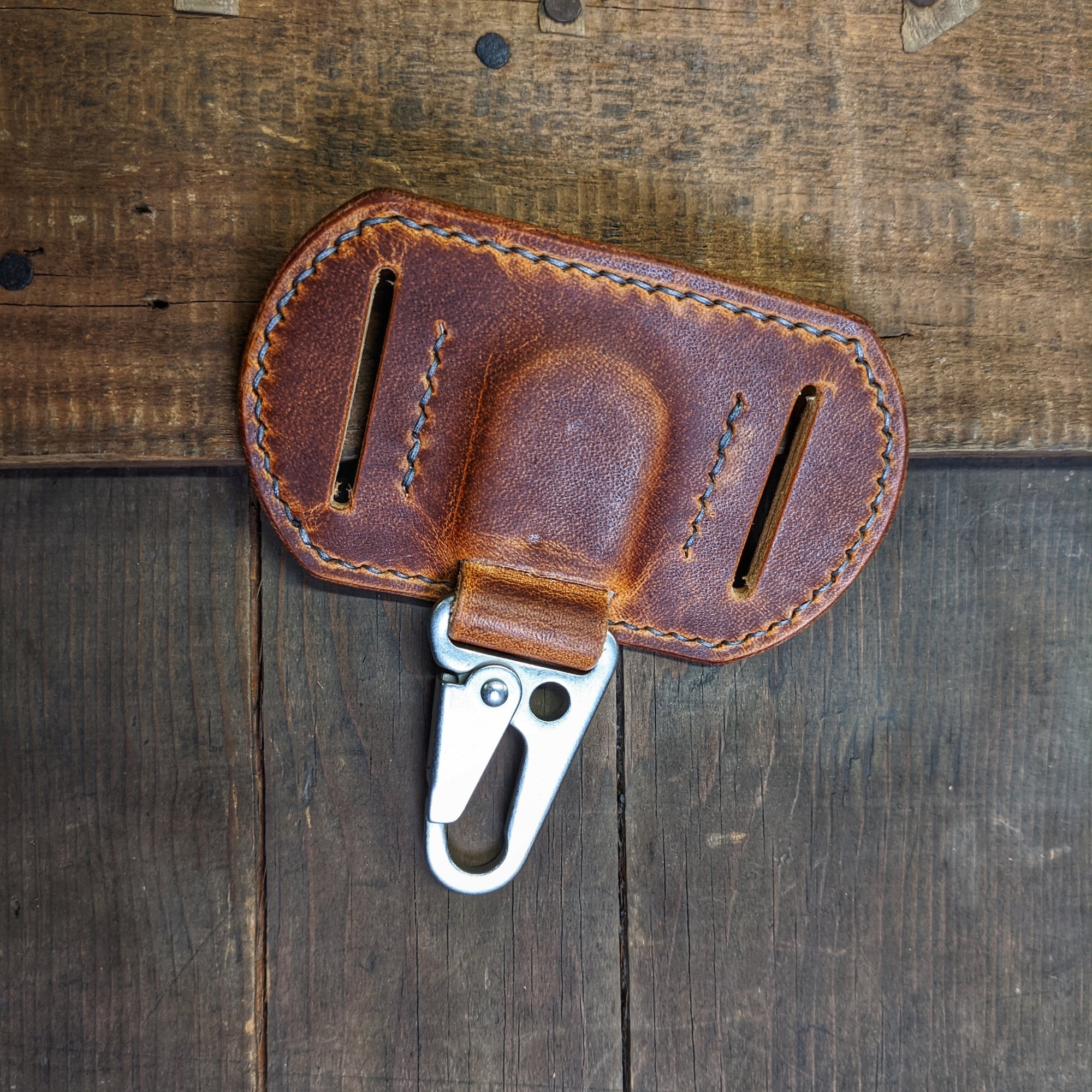 Caliber Leather Company Pocono - Belt Key Clip - Utility Belt Keychain Brown / Antique Brass / No - Hand Stitch Along Belt Holes