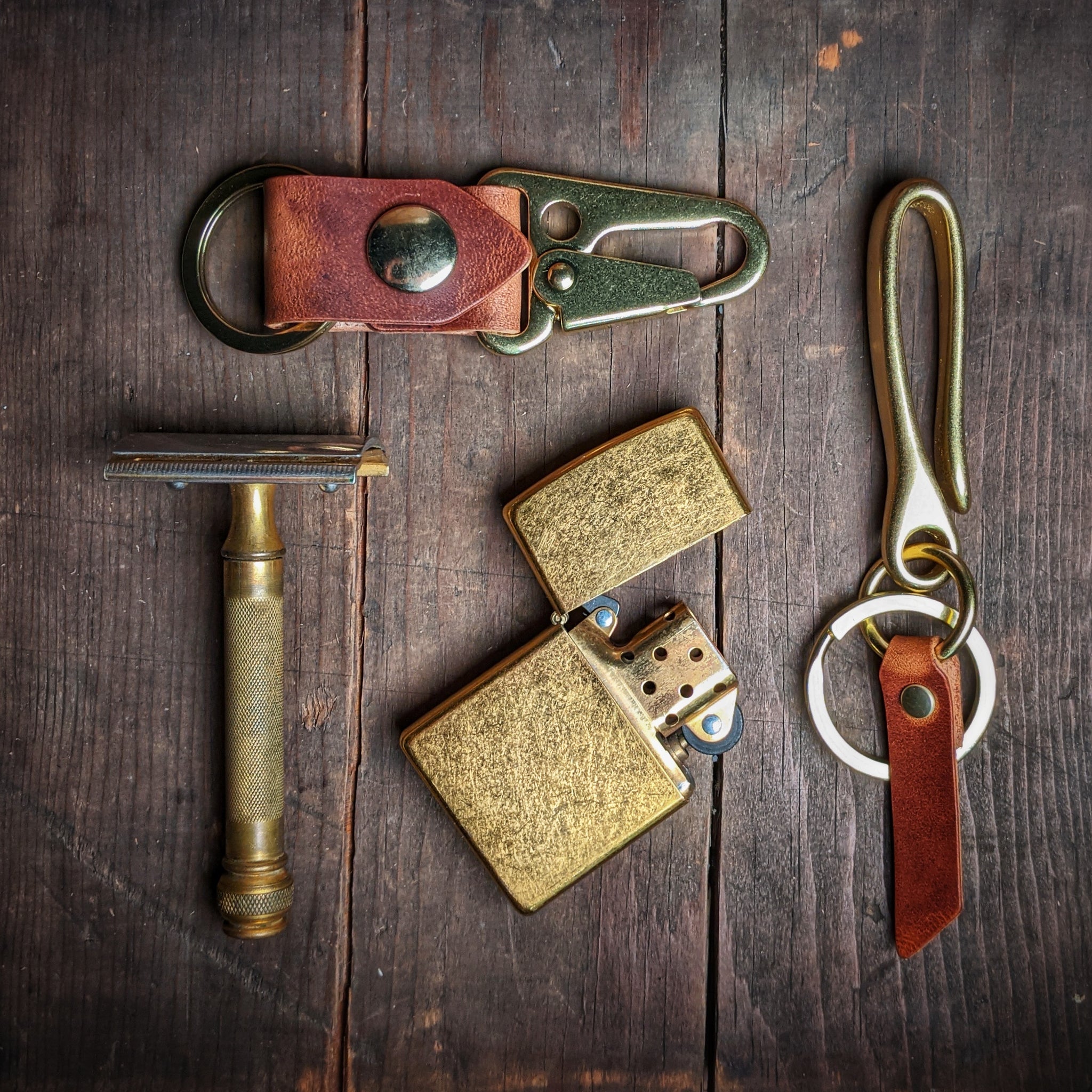 Appalachian - Lever Clip Tactical Horween Leather Key Chain Antique Brass / English Tan