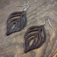 Load image into Gallery viewer, Leather Monstera Leaf Earrings - Dangling Swiss Cheese Plant Leaf Shape - Caliber Leather Company