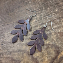 Load image into Gallery viewer, Leather Fern Leaf Earrings - Dangling Drop Leaf Plant Design - Caliber Leather Company
