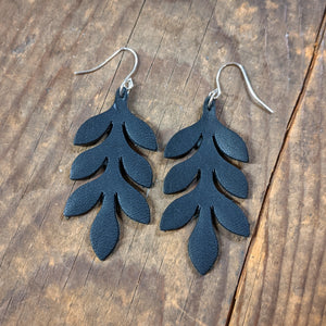 Leather Fern Leaf Earrings - Dangling Drop Leaf Plant Design - Caliber Leather Company