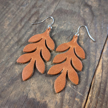 Load image into Gallery viewer, Leather Fern Leaf Earrings - Dangling Drop Leaf Plant Design - Caliber Leather Company