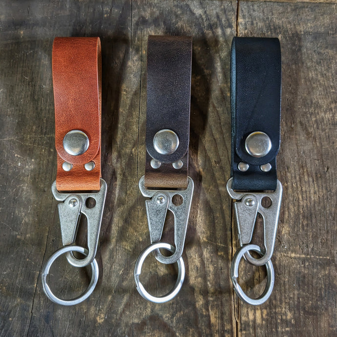 Caliber Leather Company Hemlock Loop - Mini Japanese Fish Hook Personalized Horween Leather Keychain Black / Brown Nut